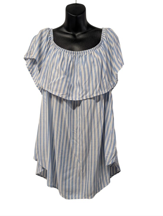 maitai Tops - Maitai 2X Blue White Stripe Ruffle Off Shoulder Puff Sleeve Blouse NWT